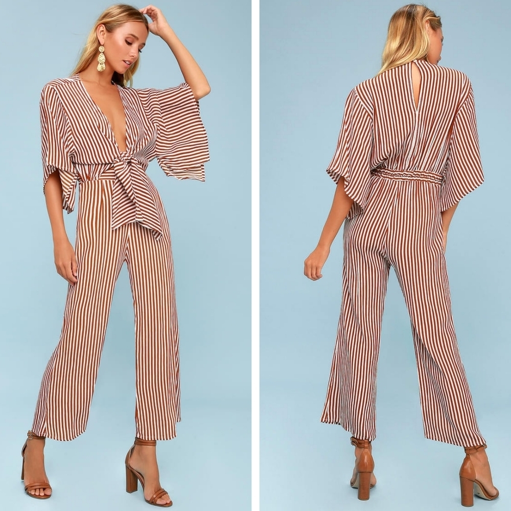 Faithfull the Brand Tilos Rust Red Striped Tie-Front Jumpsuit size 6